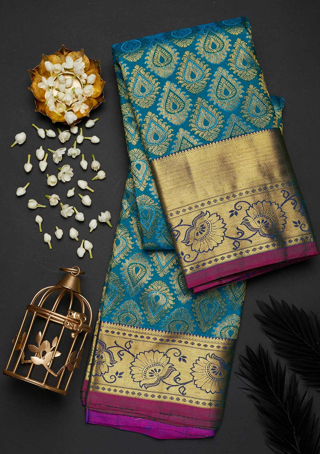 Turquoise Blue Zariwork Pure Silk Designer Saree - Koskii