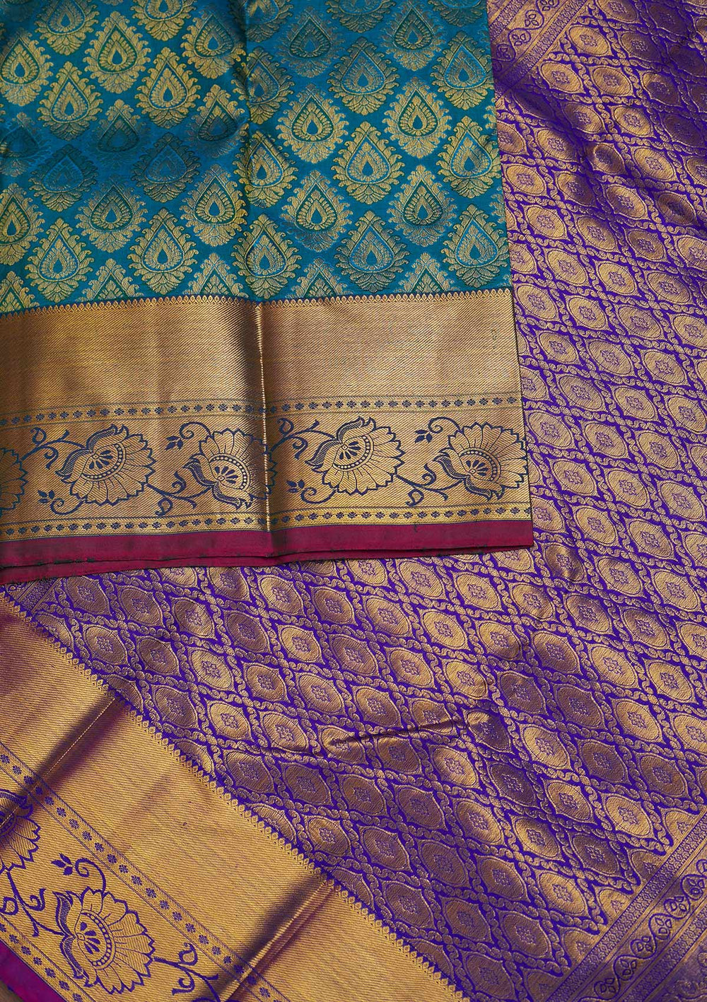 Turquoise Blue Zariwork Pure Silk Designer Saree - Koskii