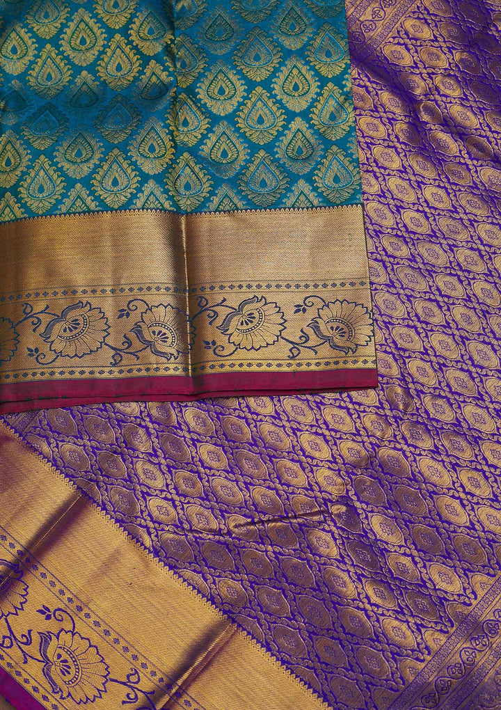 Turquoise Blue Zariwork Pure Silk Designer Saree - Koskii