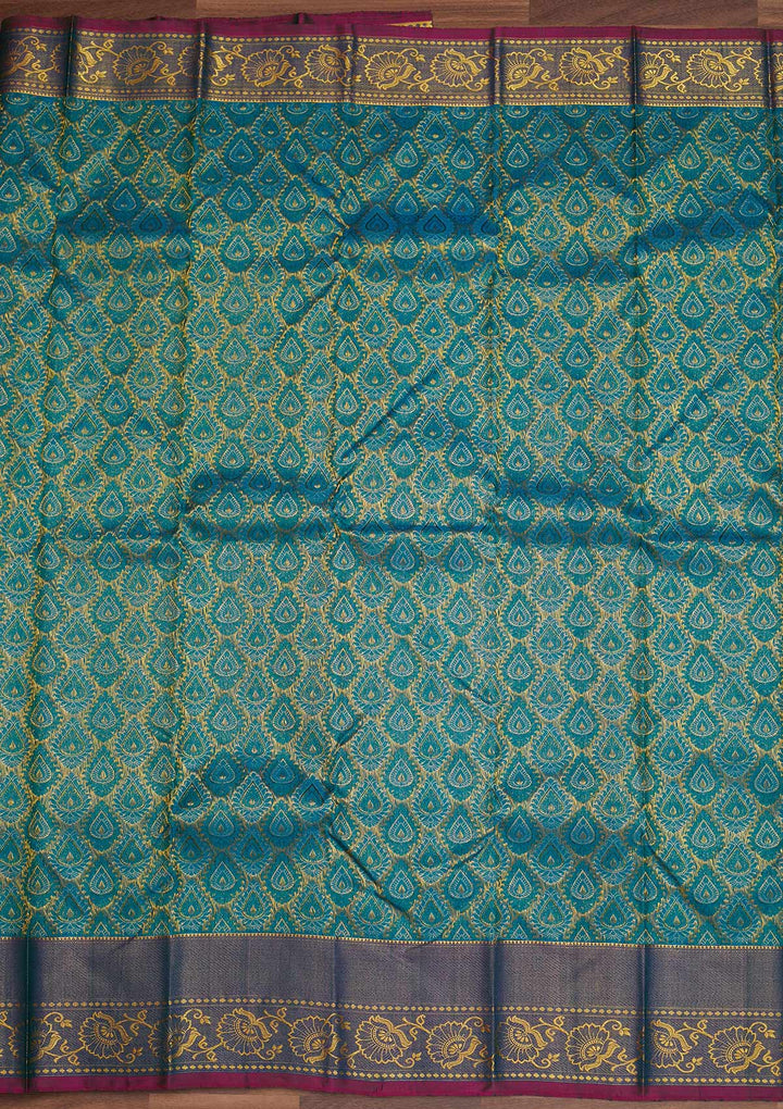 Turquoise Blue Zariwork Pure Silk Designer Saree - Koskii