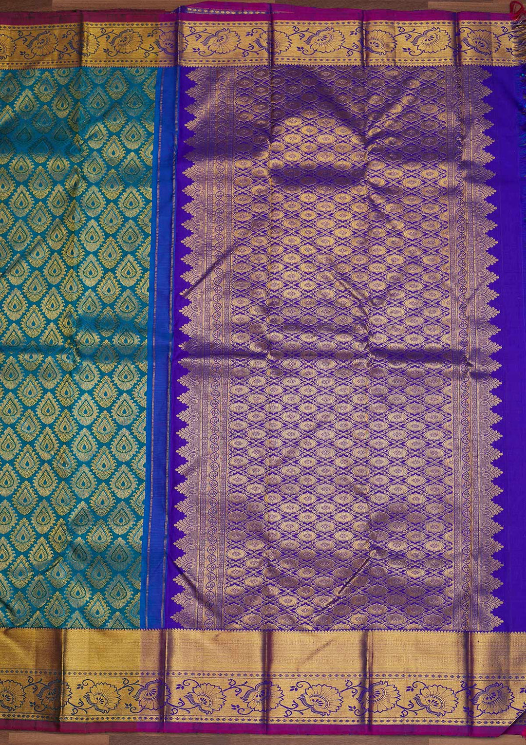 Turquoise Blue Zariwork Pure Silk Designer Saree - Koskii