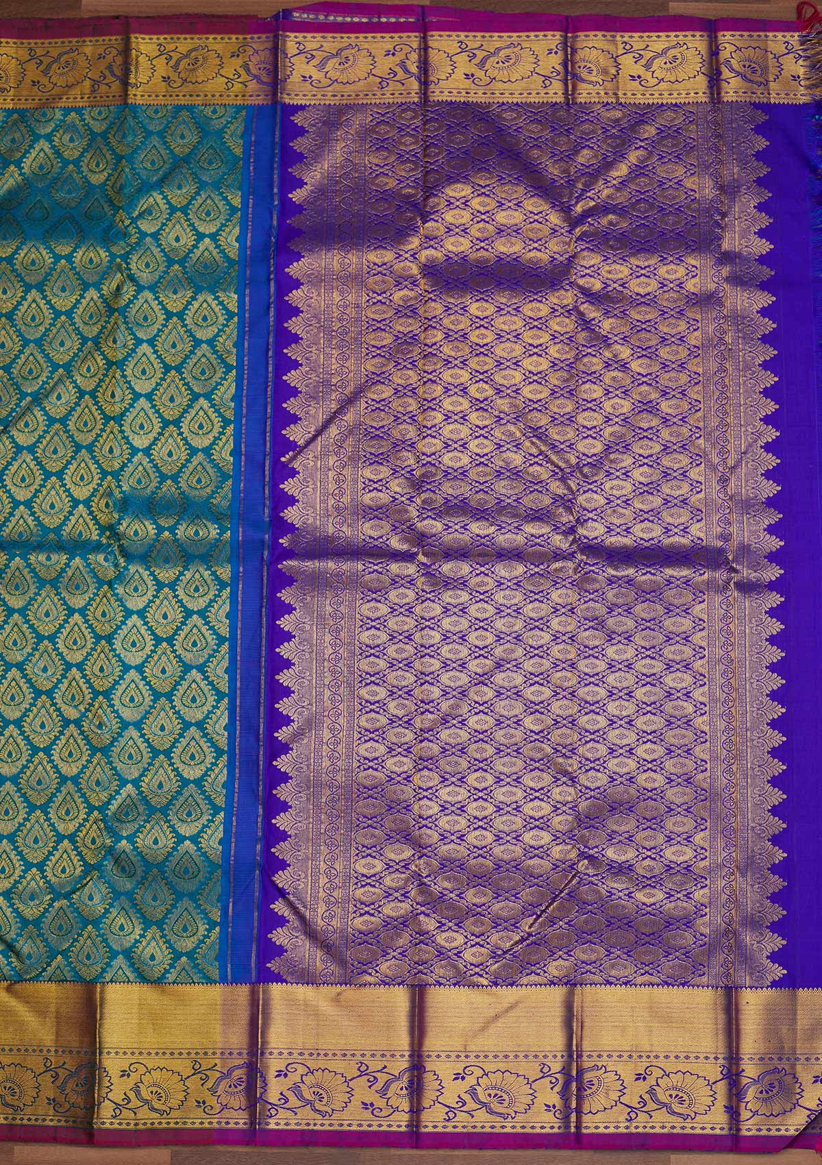 Turquoise Blue Zariwork Pure Silk Designer Saree - Koskii