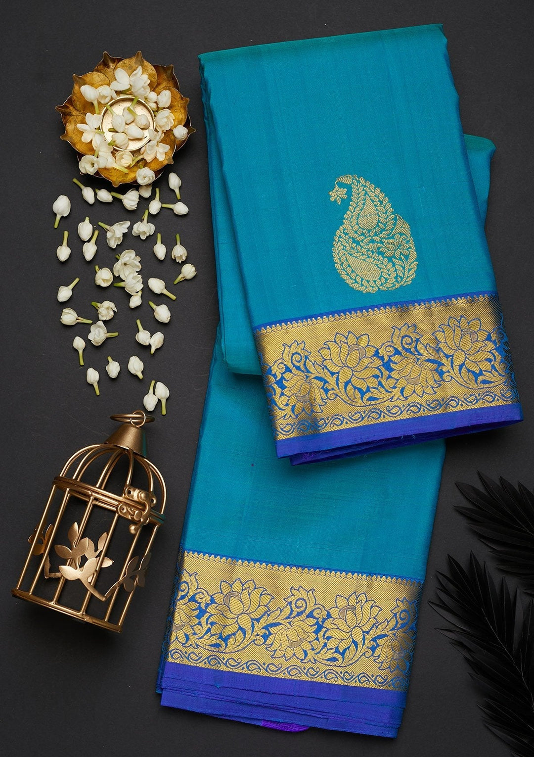 Turquoise Blue Zariwork Pure Silk Designer Saree - Koskii