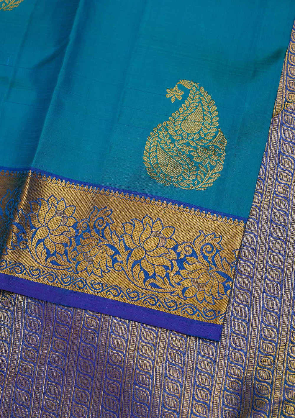 Turquoise Blue Zariwork Pure Silk Designer Saree - Koskii