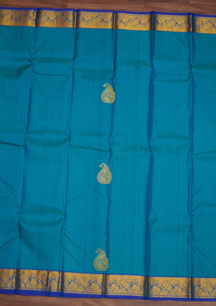 Turquoise Blue Zariwork Pure Silk Designer Saree - Koskii
