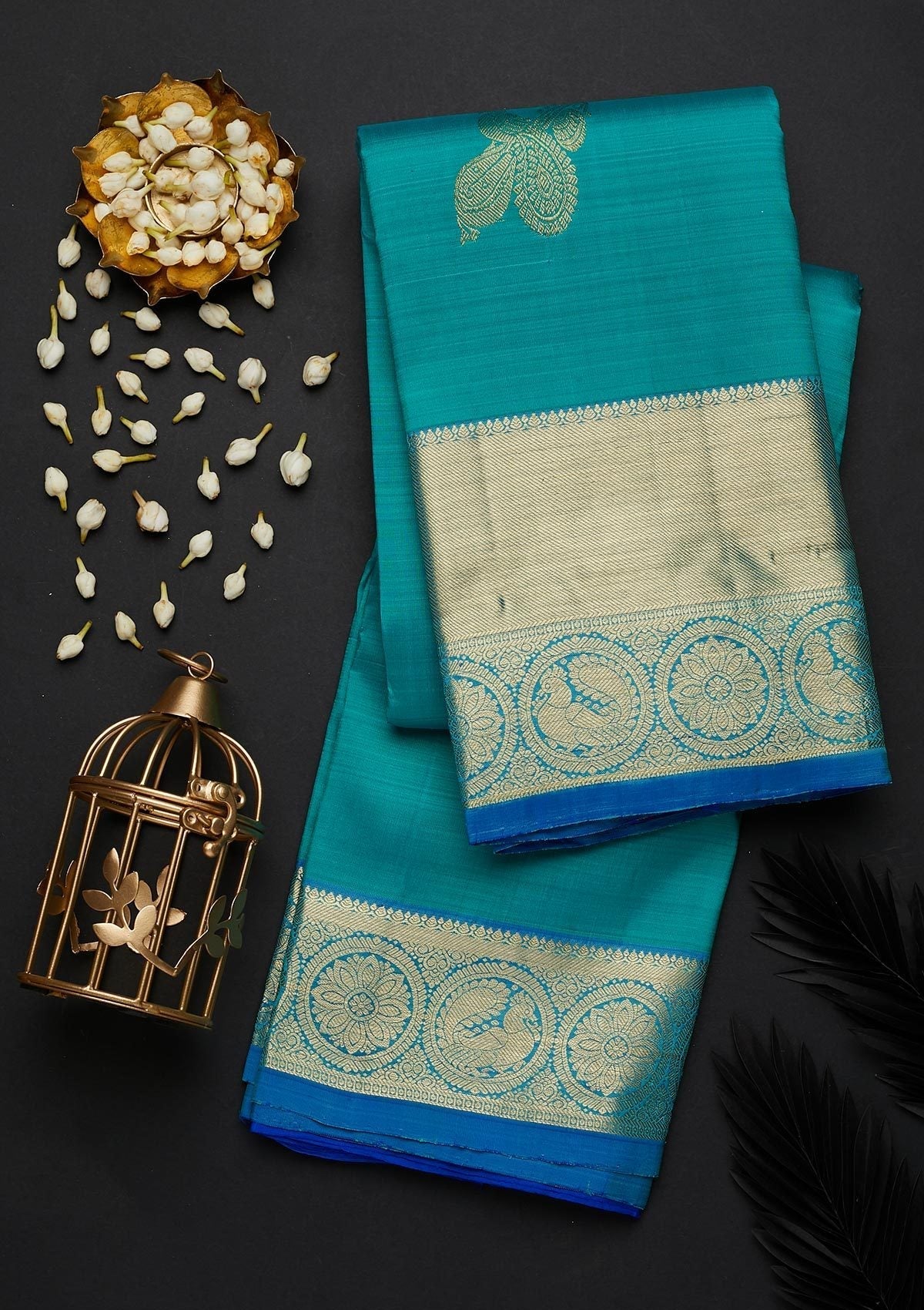 Turquoise Blue Zariwork Pure Silk Designer Saree - Koskii