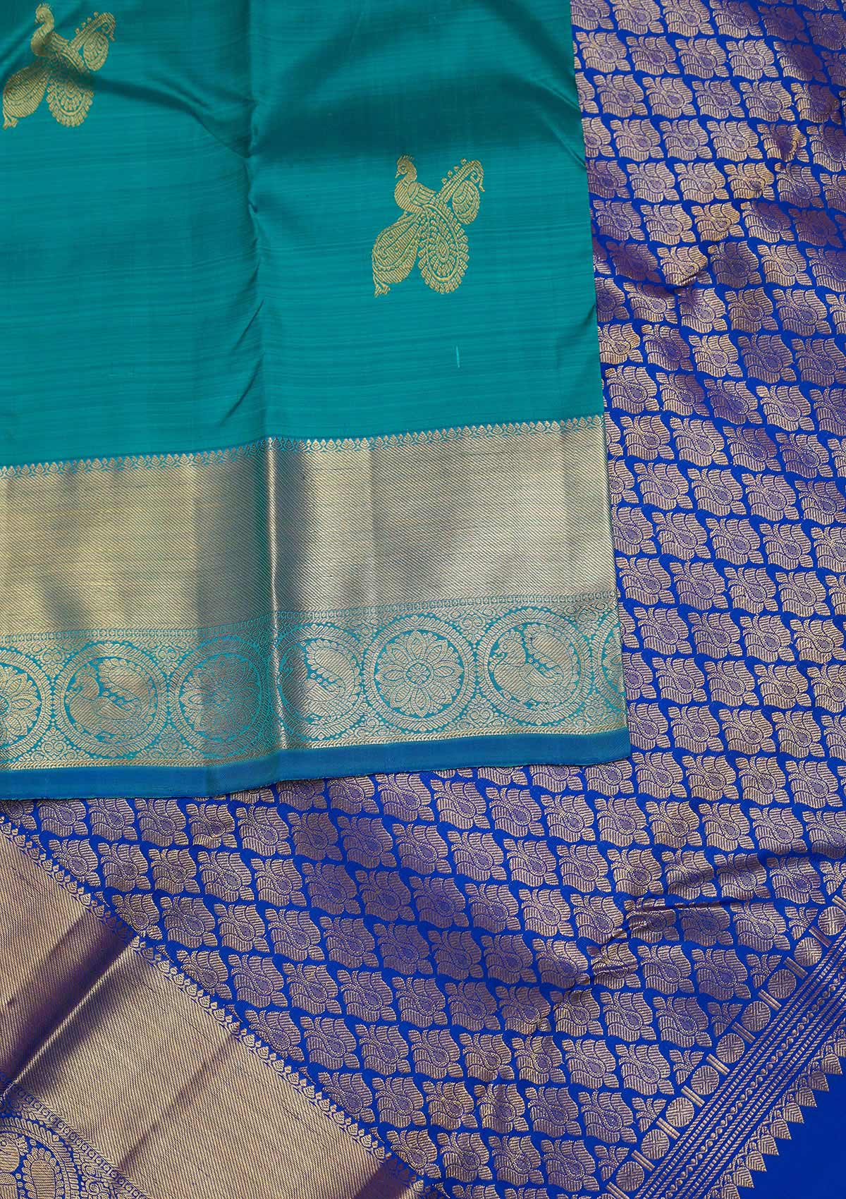 Turquoise Blue Zariwork Pure Silk Designer Saree - Koskii
