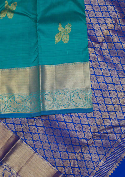 Turquoise Blue Zariwork Pure Silk Designer Saree - Koskii