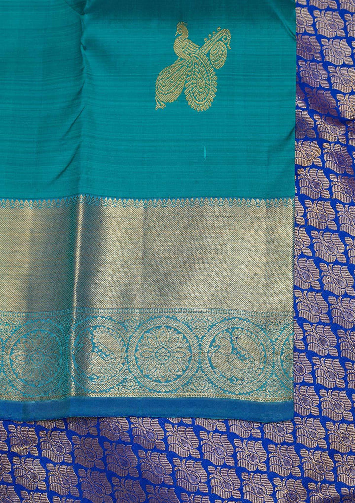 Turquoise Blue Zariwork Pure Silk Designer Saree - Koskii