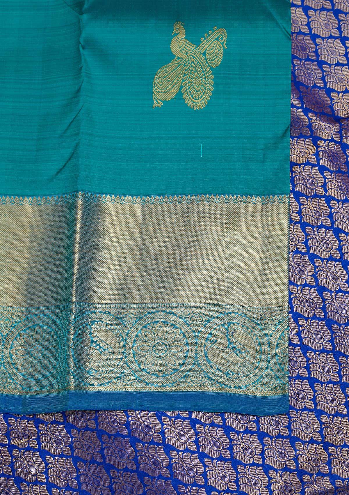 Turquoise Blue Zariwork Pure Silk Designer Saree - Koskii
