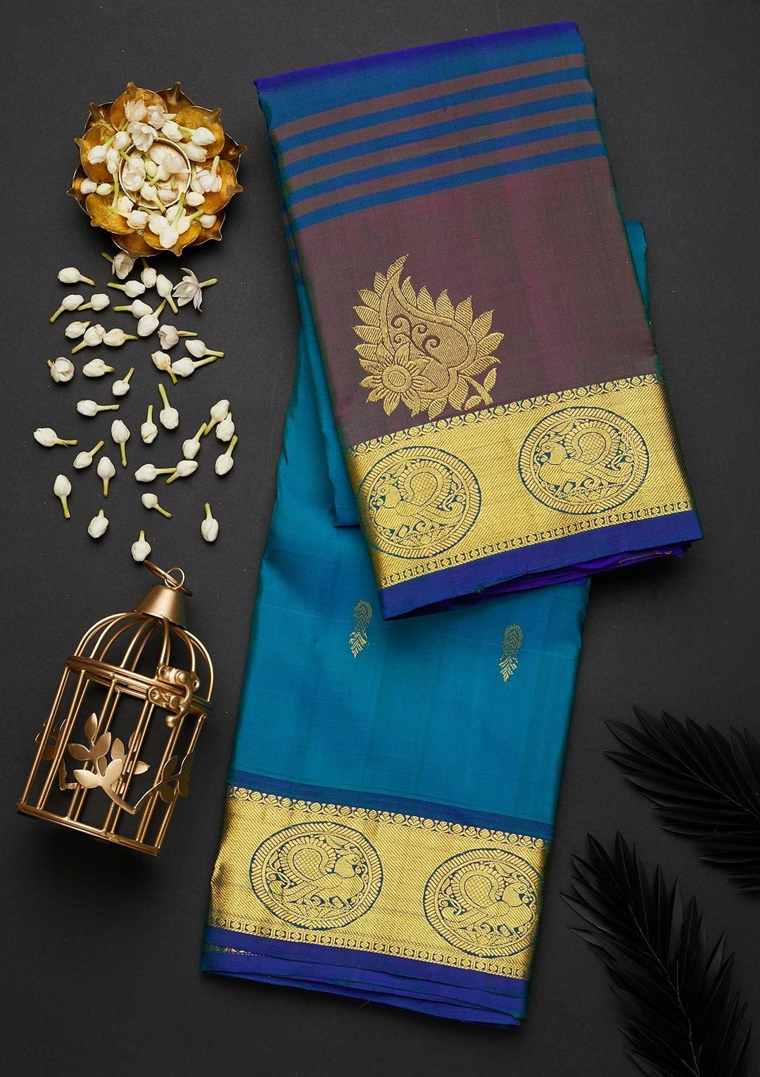 Turquoise Blue Zariwork Pure Silk Designer Saree - Koskii
