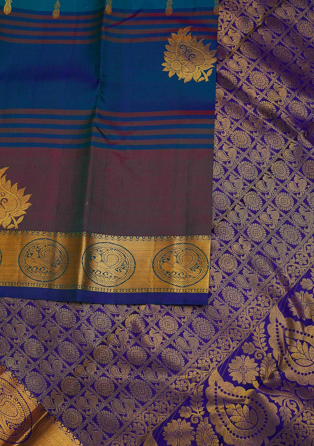 Turquoise Blue Zariwork Pure Silk Designer Saree - Koskii