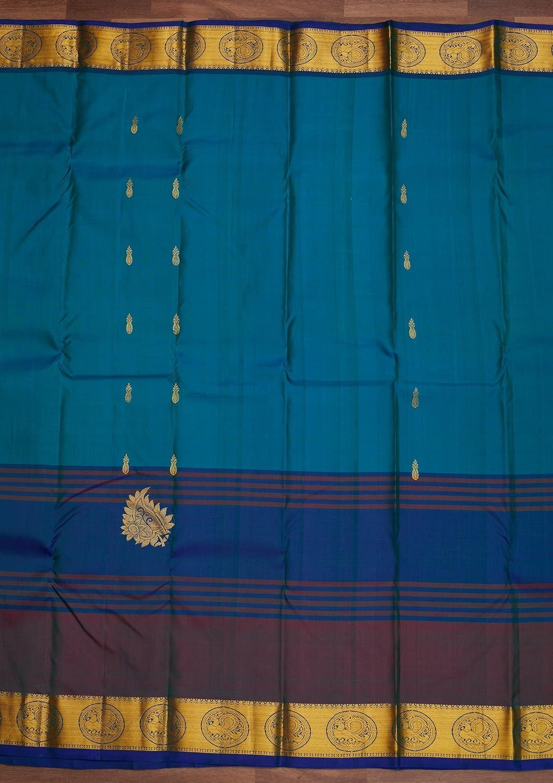 Turquoise Blue Zariwork Pure Silk Designer Saree - Koskii