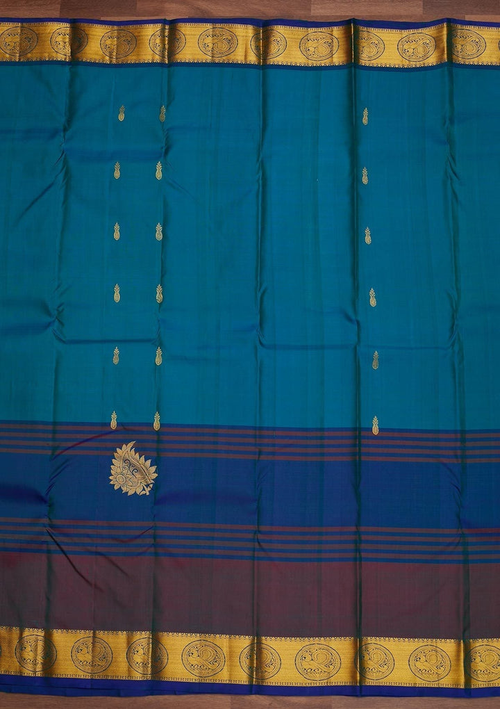 Turquoise Blue Zariwork Pure Silk Designer Saree - Koskii