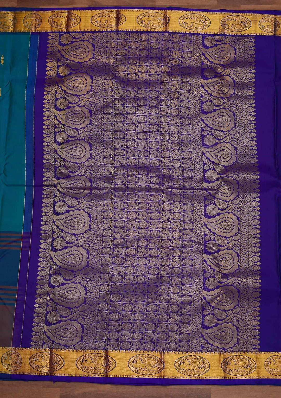 Turquoise Blue Zariwork Pure Silk Designer Saree - Koskii