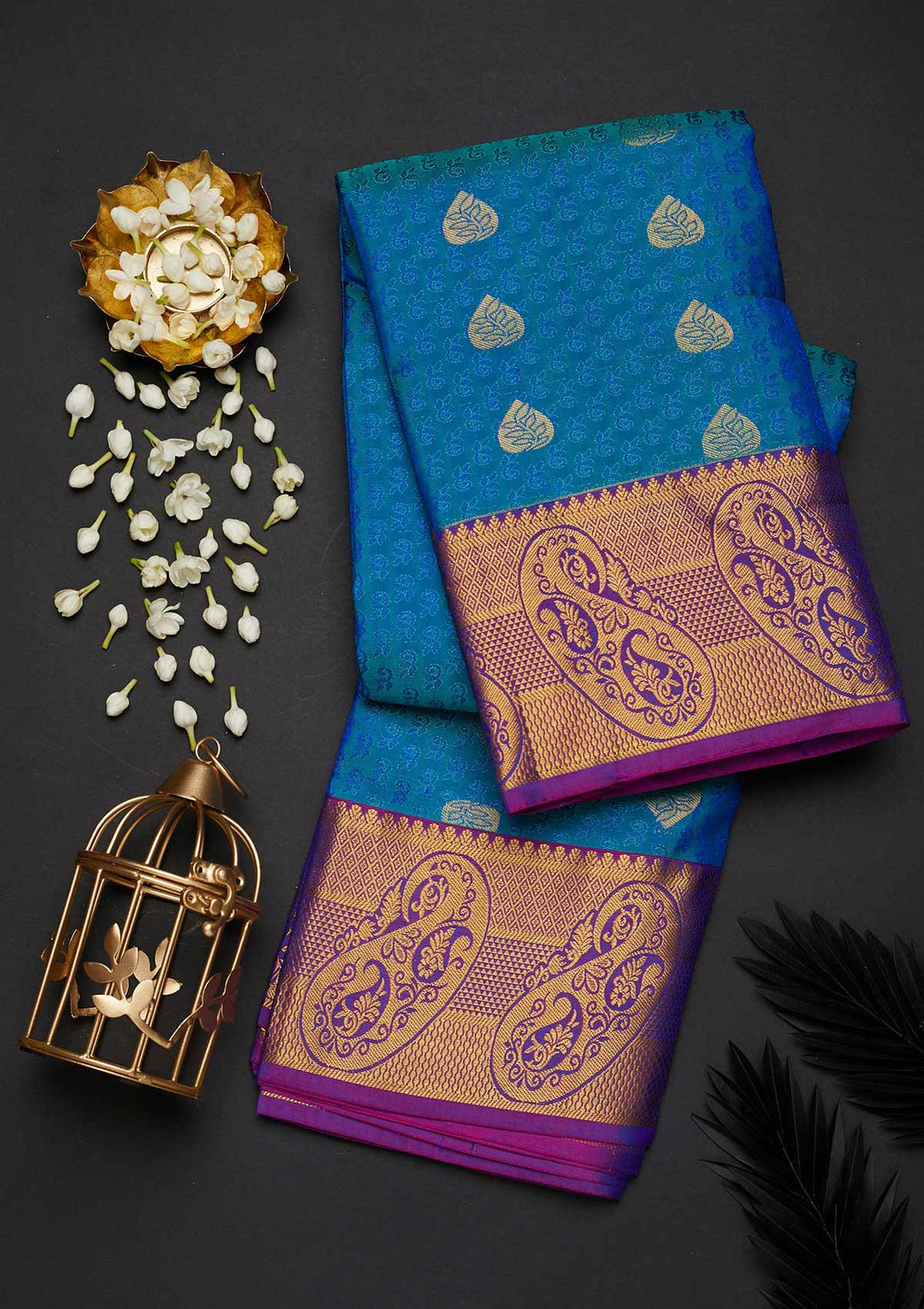 Turquoise Blue Zariwork Pure Silk Designer Saree - Koskii