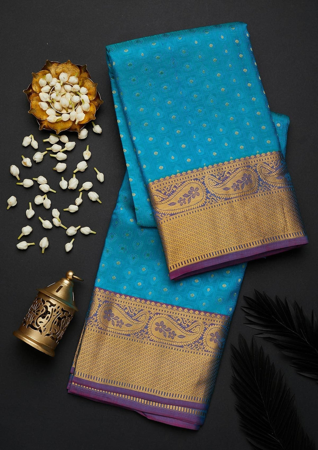 Turquoise Blue Zariwork Pure Silk Designer Saree - Koskii