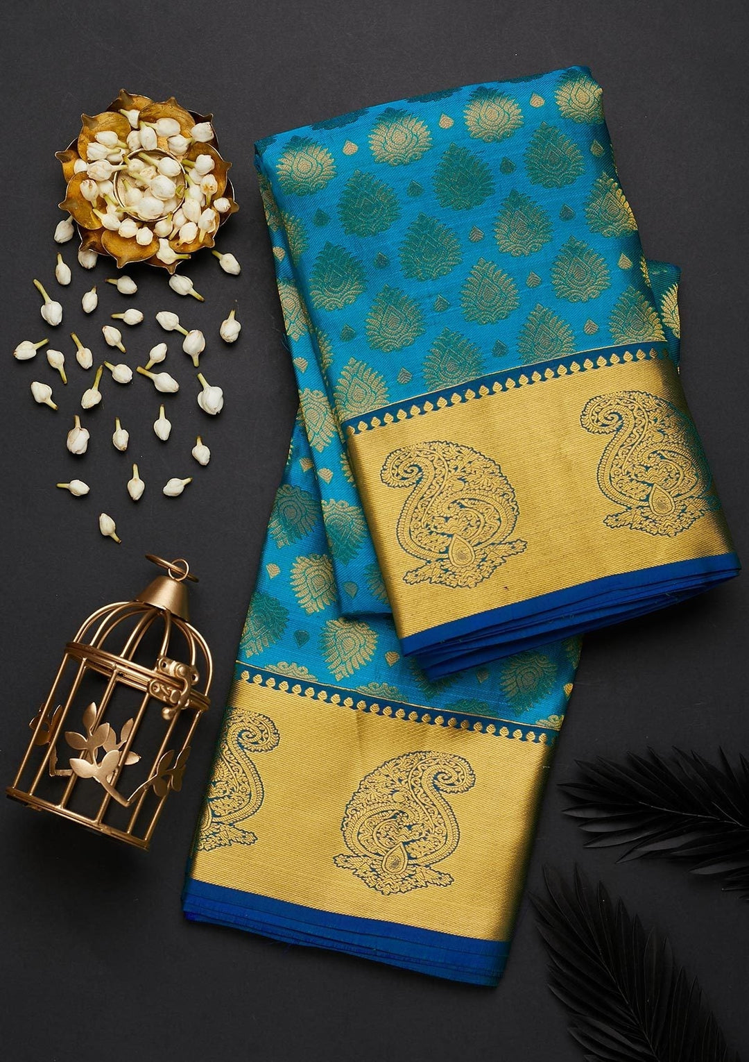 Turquoise Blue Zariwork Pure Silk Designer Saree - Koskii