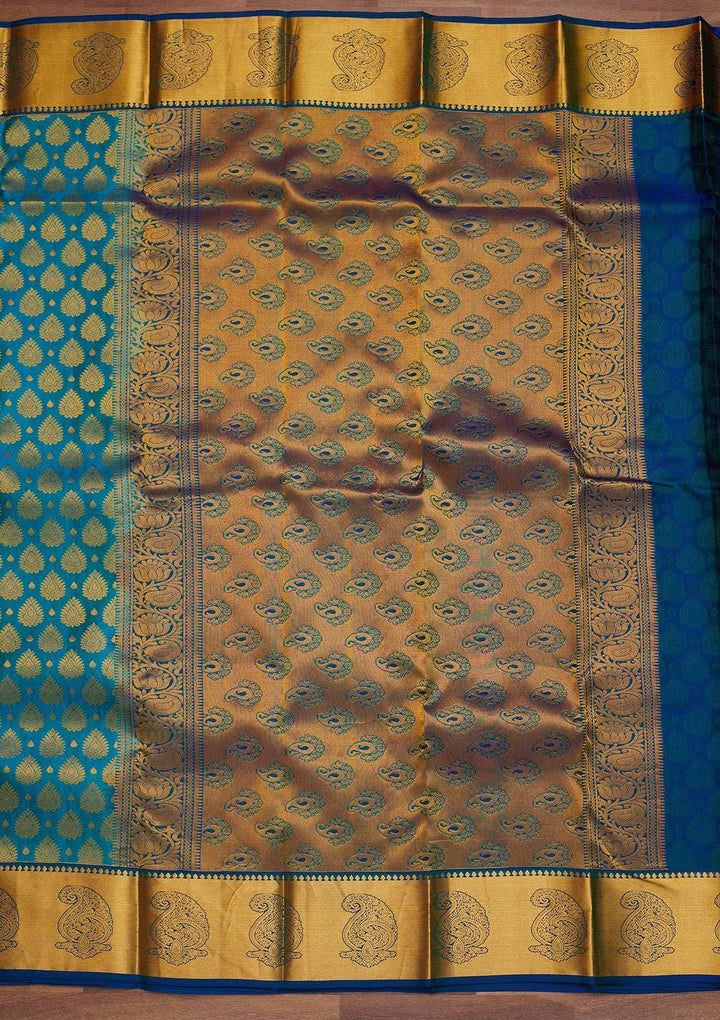 Turquoise Blue Zariwork Pure Silk Designer Saree - Koskii