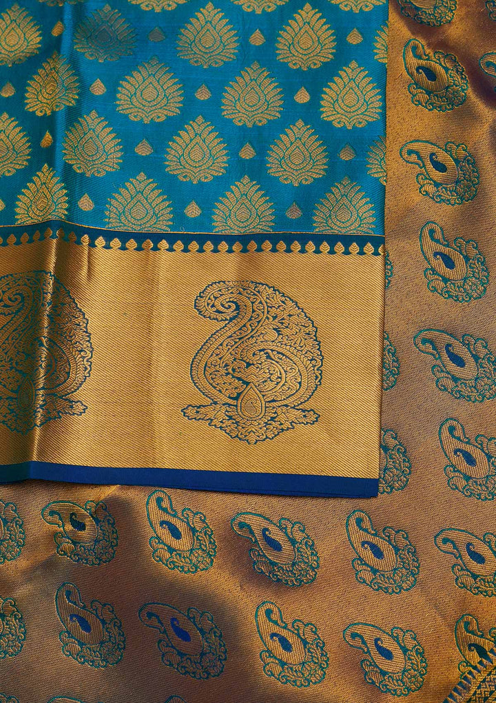 Turquoise Blue Zariwork Pure Silk Designer Saree - Koskii