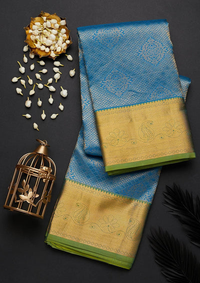 Turquoise Blue Zariwork Pure Silk Designer Saree - Koskii