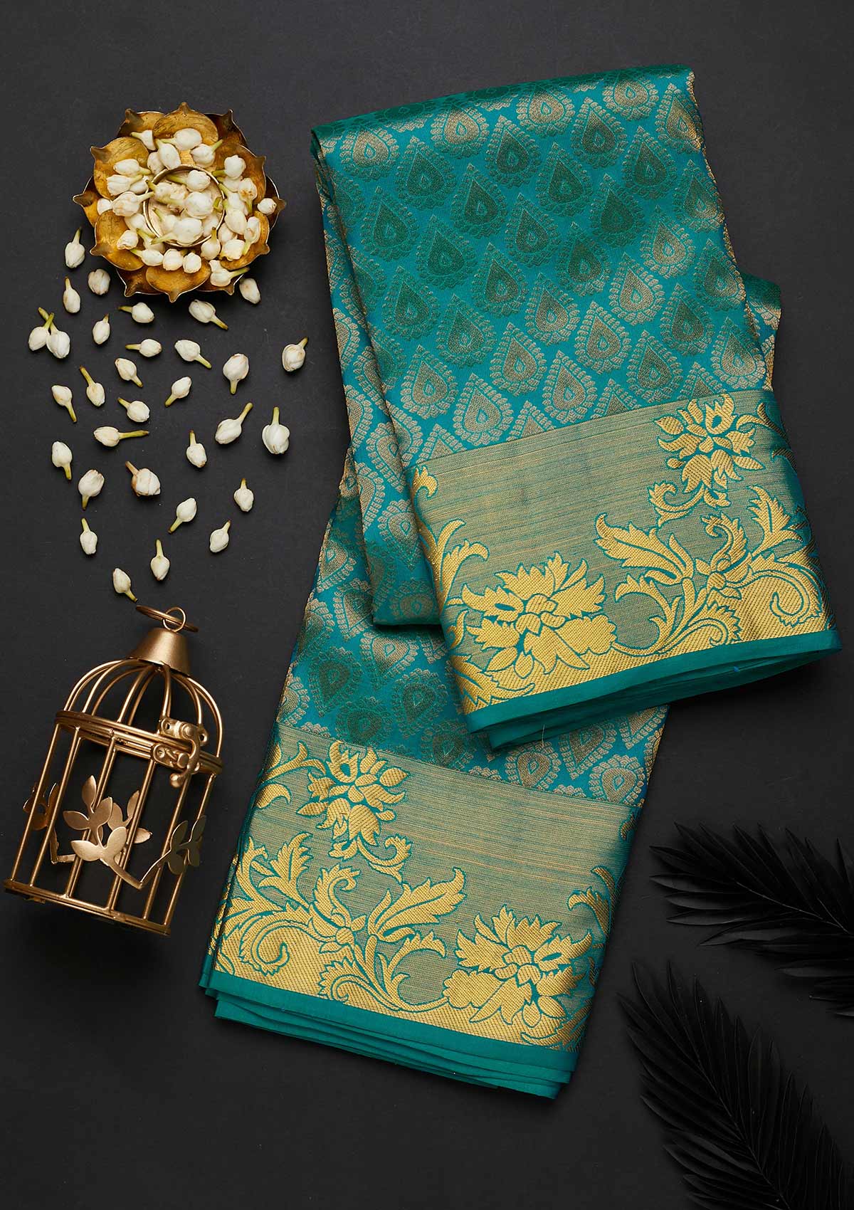 Turquoise Blue Zariwork Pure Silk Designer Saree - Koskii