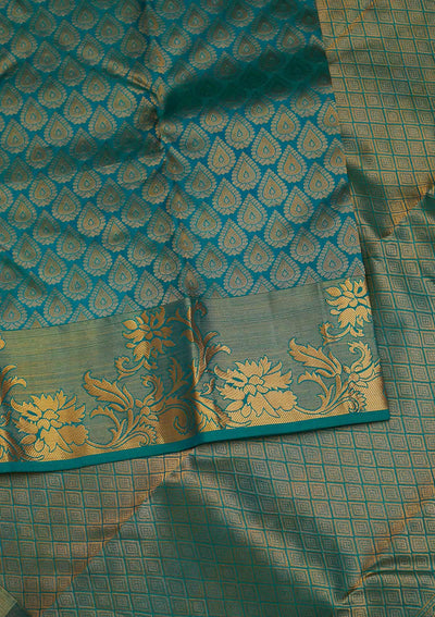 Turquoise Blue Zariwork Pure Silk Designer Saree - Koskii