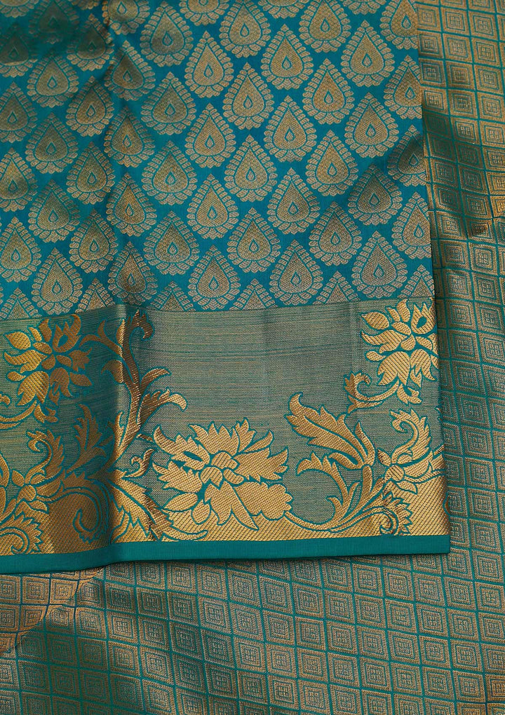 Turquoise Blue Zariwork Pure Silk Designer Saree - Koskii