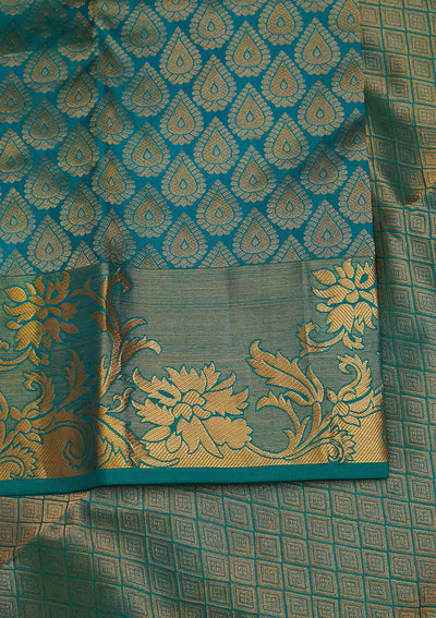 Turquoise Blue Zariwork Pure Silk Designer Saree - Koskii