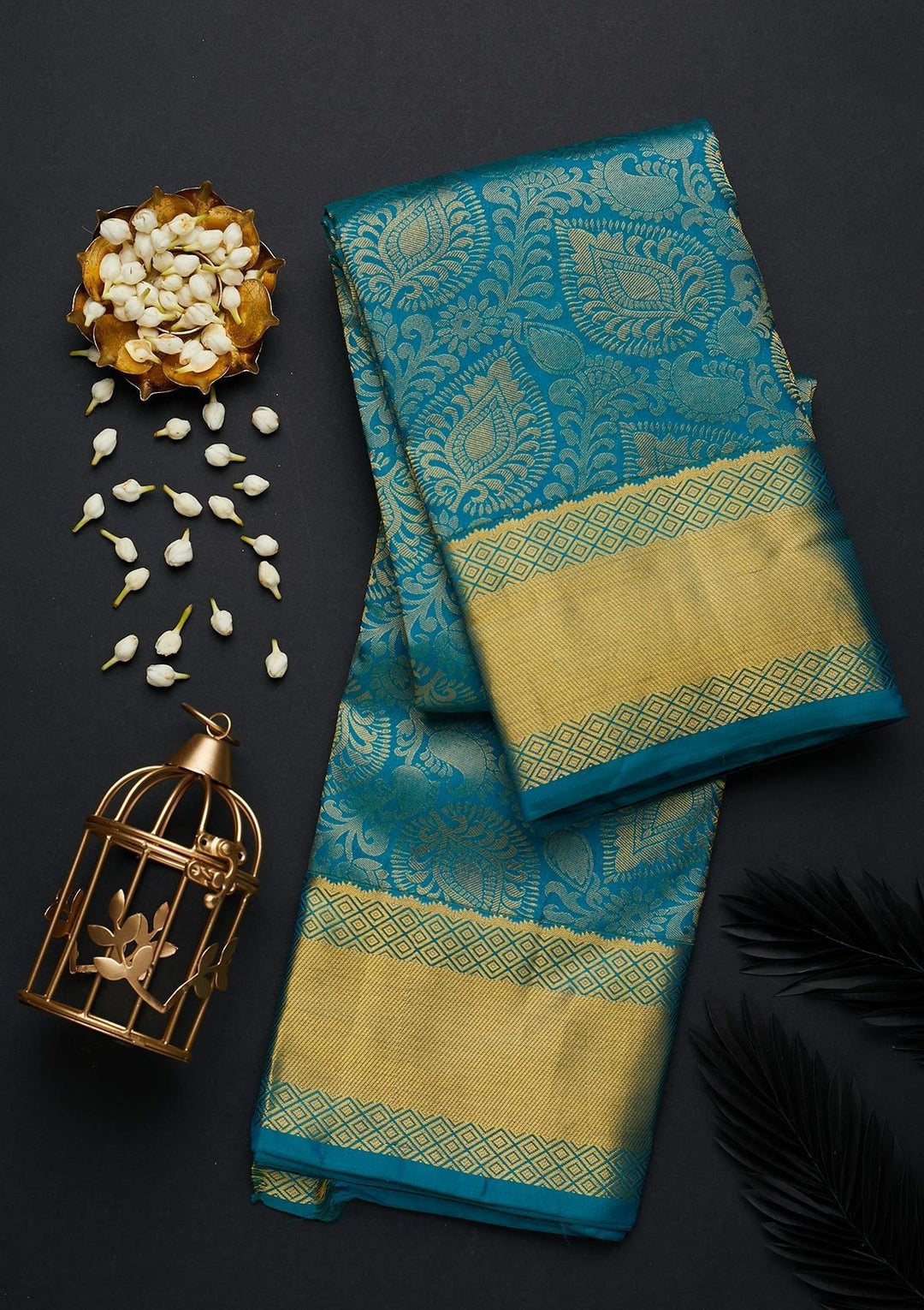 Turquoise Blue Zariwork Pure Silk Designer Saree - Koskii