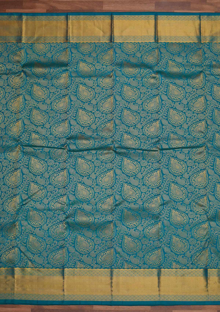 Turquoise Blue Zariwork Pure Silk Designer Saree - Koskii