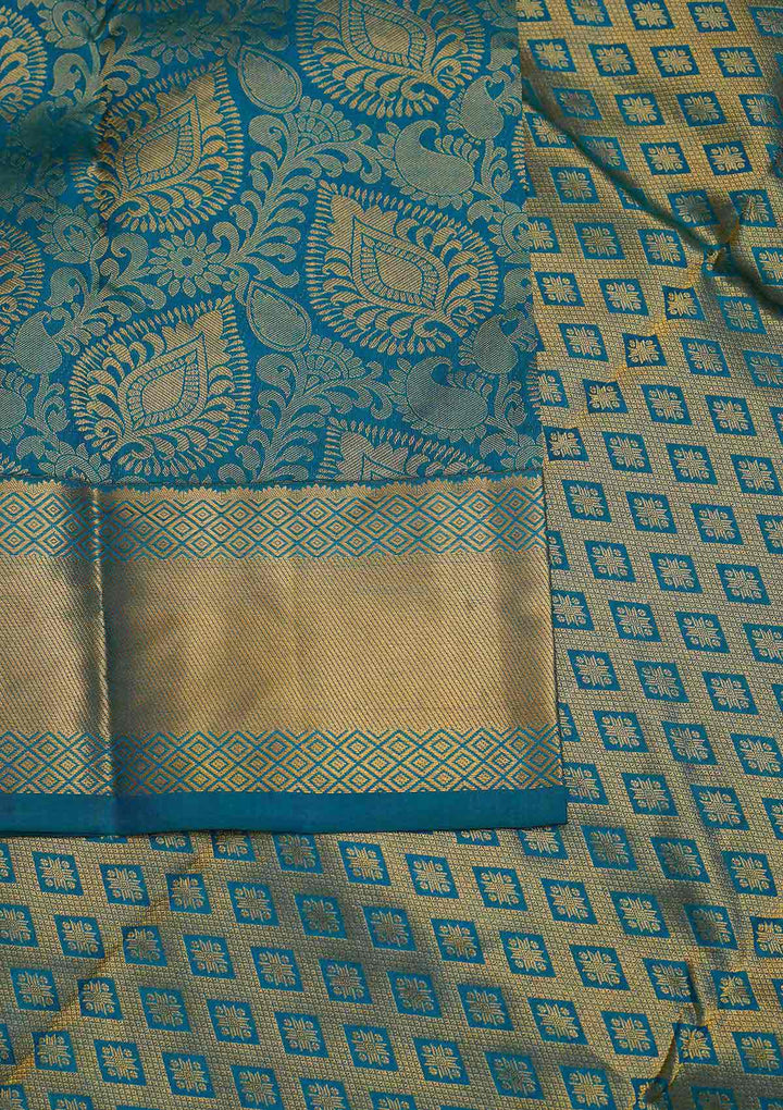 Turquoise Blue Zariwork Pure Silk Designer Saree - Koskii