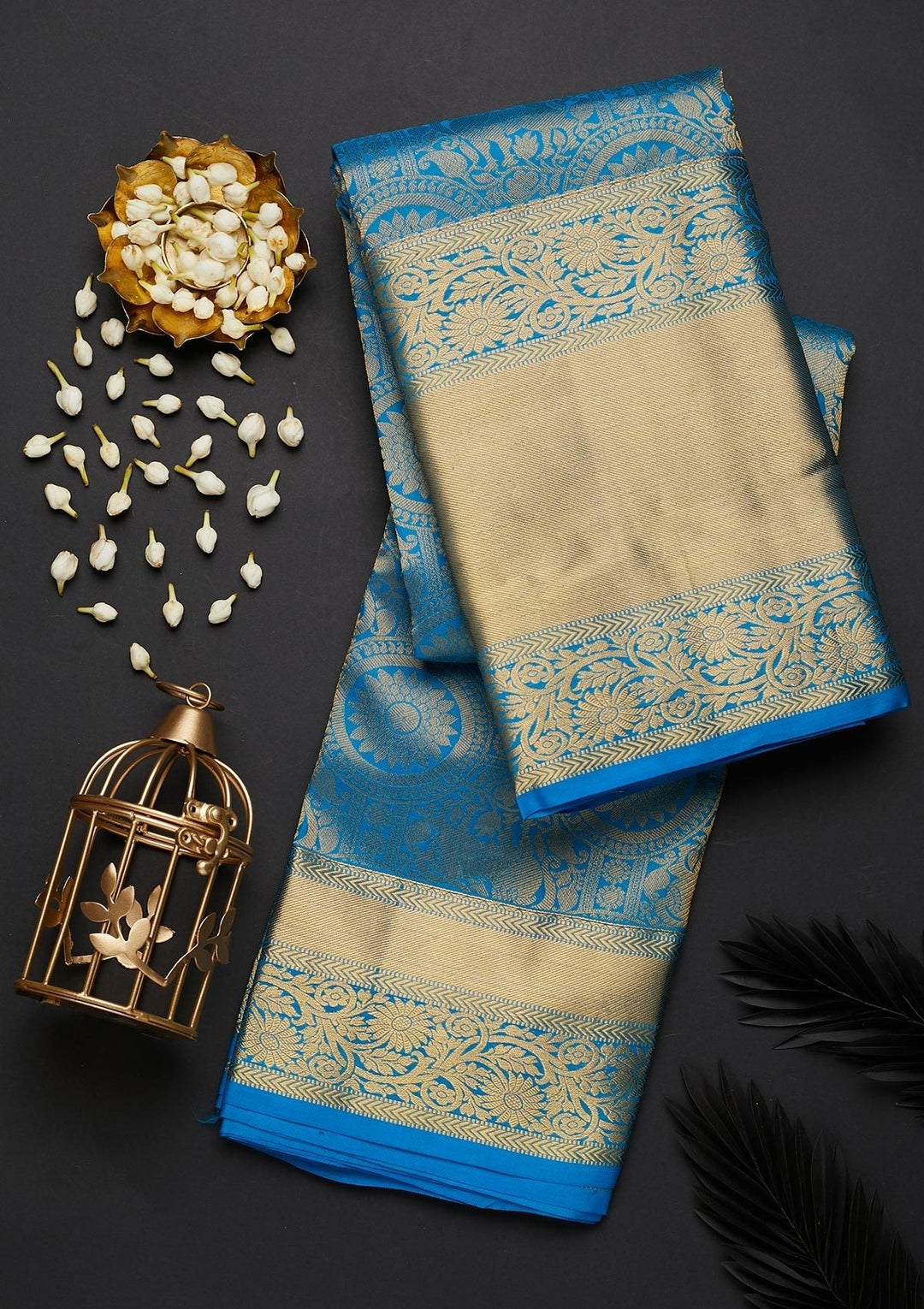Turquoise Blue Zariwork Pure Silk Designer Saree - Koskii
