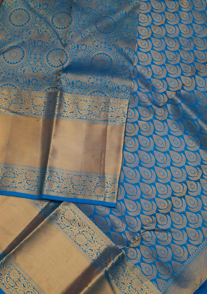 Turquoise Blue Zariwork Pure Silk Designer Saree - Koskii