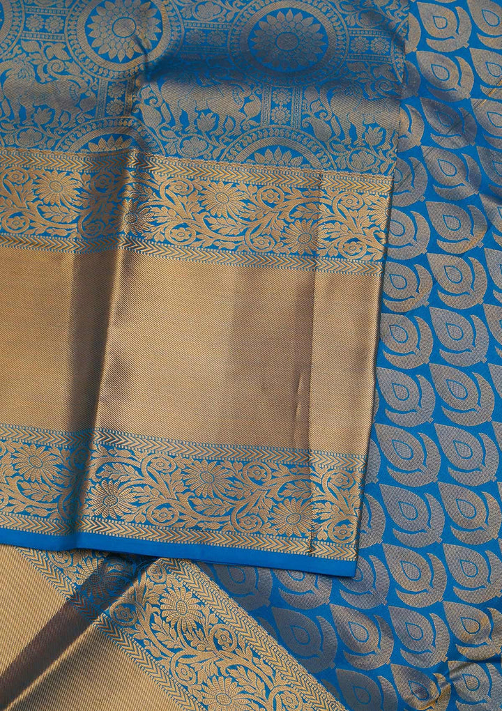 Turquoise Blue Zariwork Pure Silk Designer Saree - Koskii