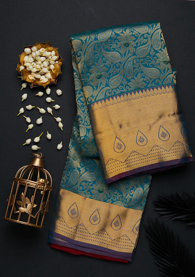 Turquoise Blue Zariwork Pure Silk Designer Saree - Koskii