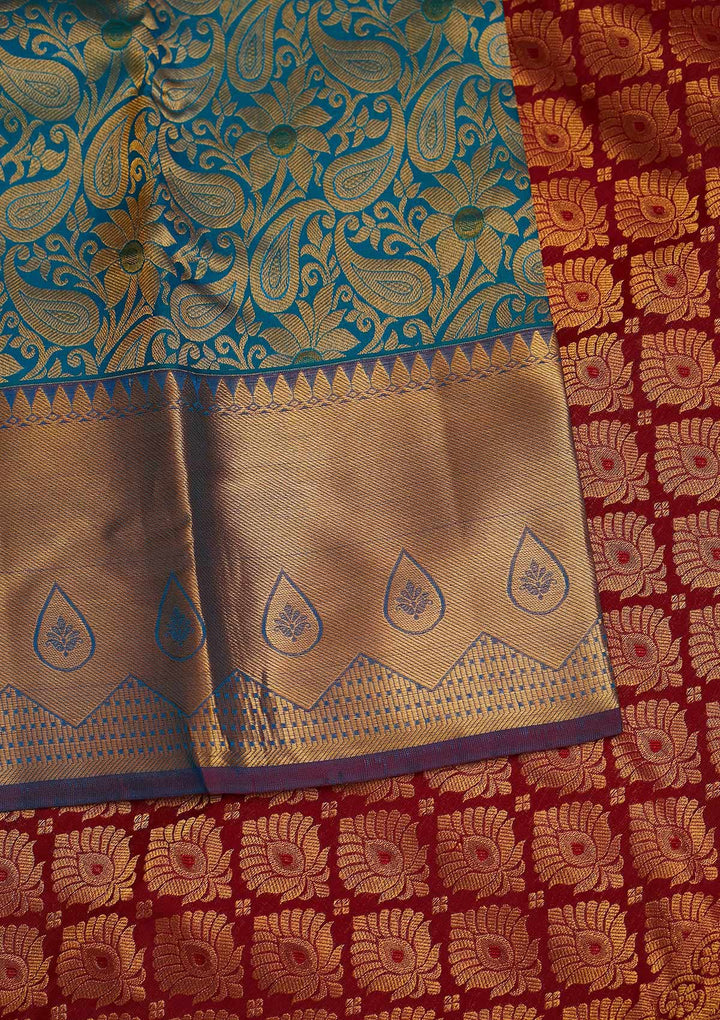 Turquoise Blue Zariwork Pure Silk Designer Saree - Koskii