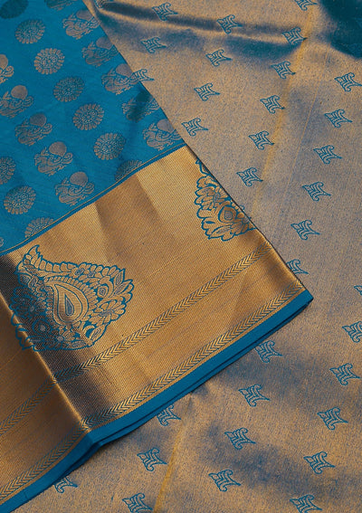 Turquoise Blue Zariwork Pure Silk Saree-Koskii