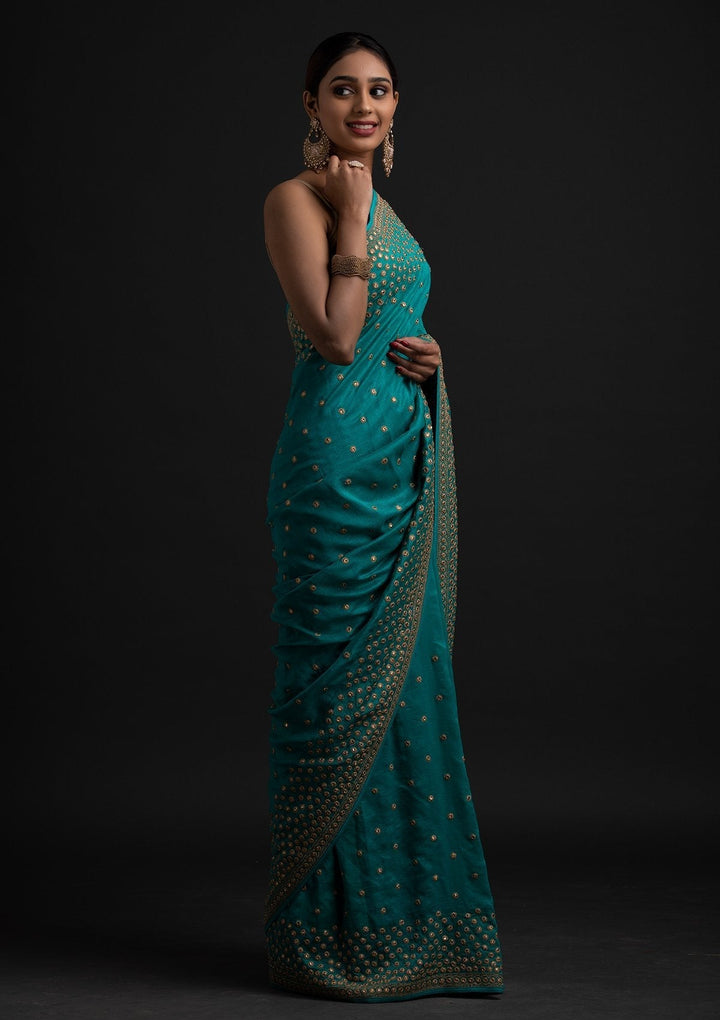 Turquoise Blue Zariwork Raw Silk Designer Saree - koskii