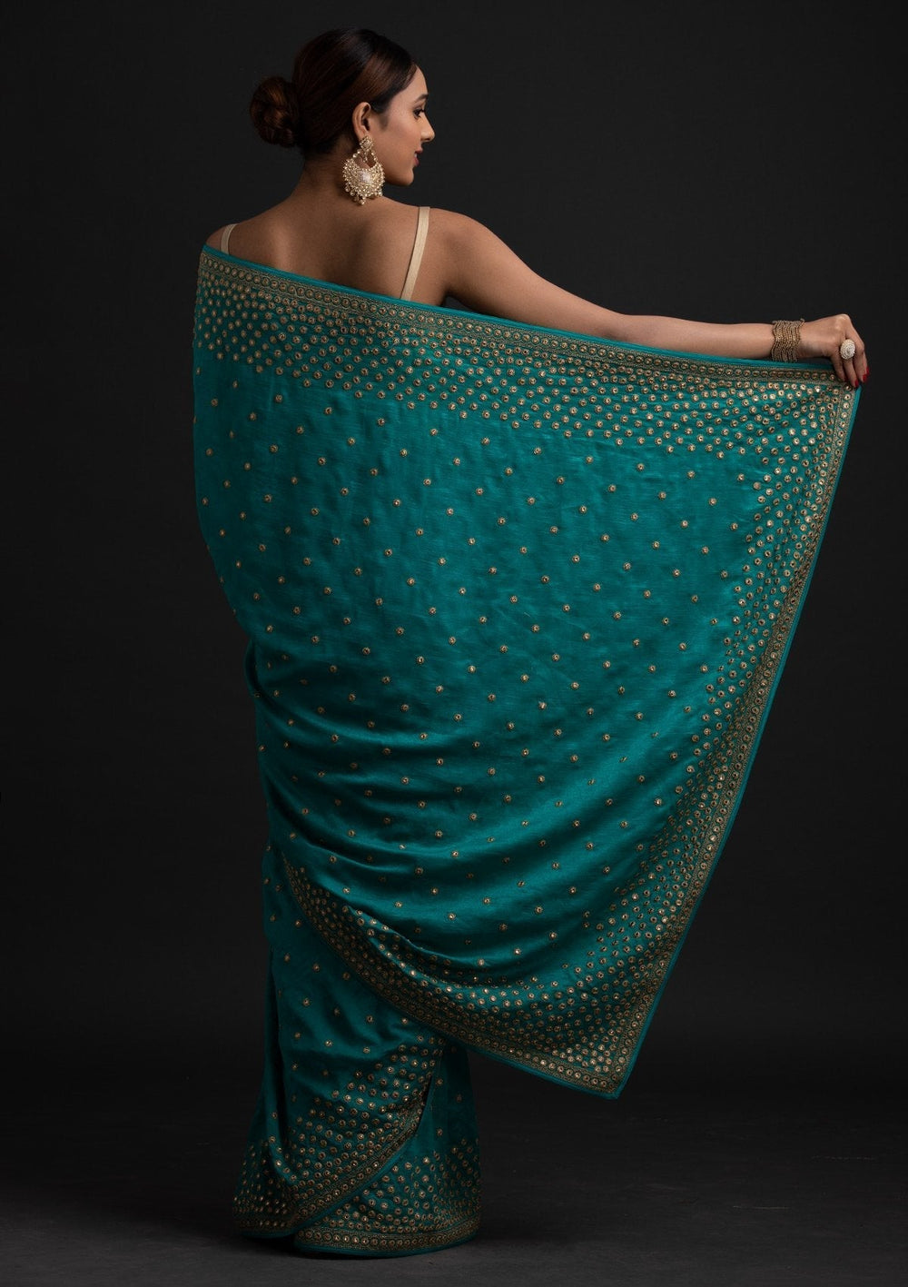 Turquoise Blue Zariwork Raw Silk Designer Saree - koskii