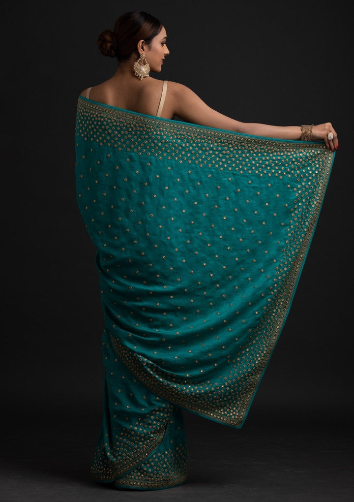 Turquoise Blue Zariwork Raw Silk Designer Saree - koskii