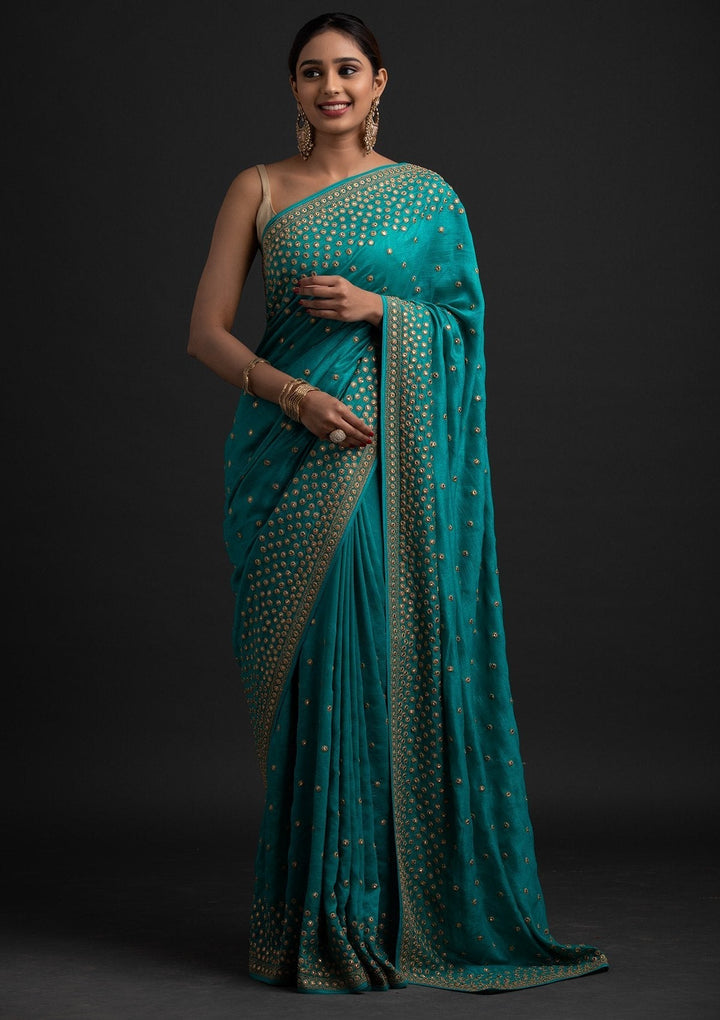 Turquoise Blue Zariwork Raw Silk Designer Saree - koskii