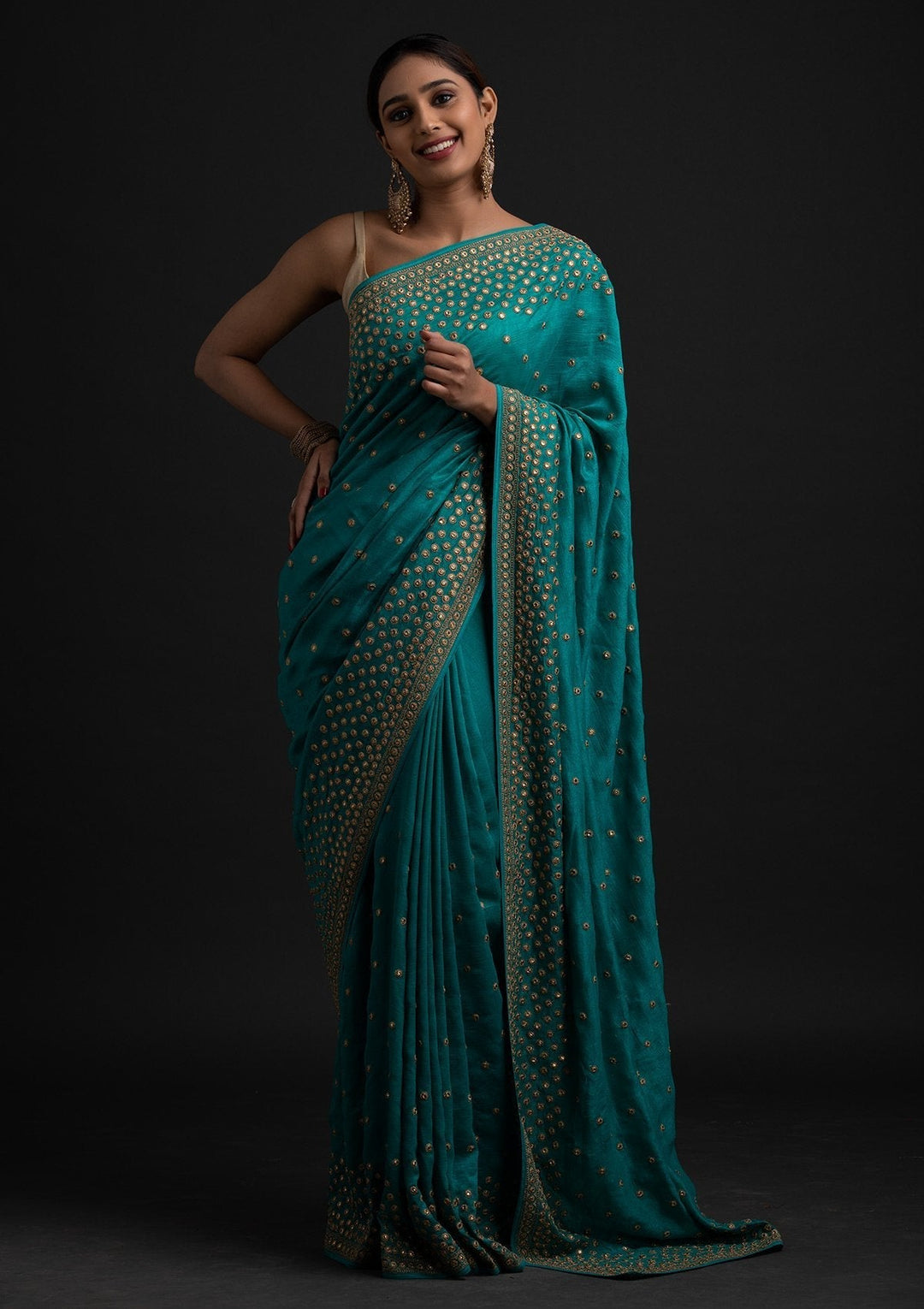 Turquoise Blue Zariwork Raw Silk Designer Saree - koskii