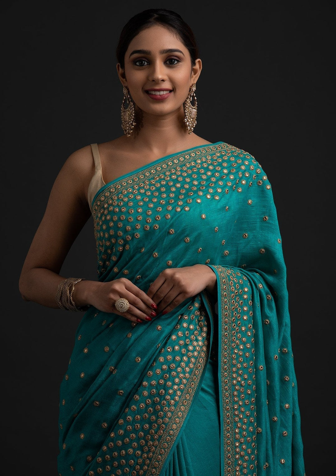 Turquoise Blue Zariwork Raw Silk Designer Saree - koskii