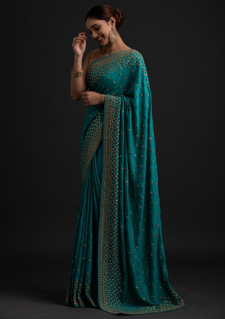 Turquoise Blue Zariwork Raw Silk Designer Saree - koskii