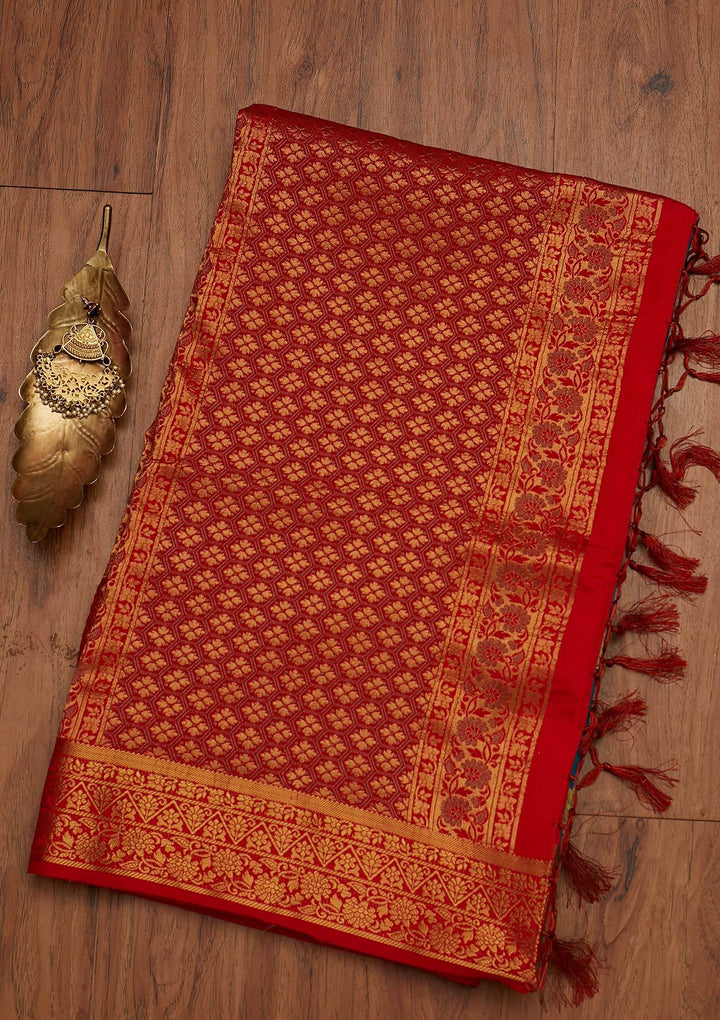 Turquoise Blue Zariwork Raw Silk Designer Saree - koskii