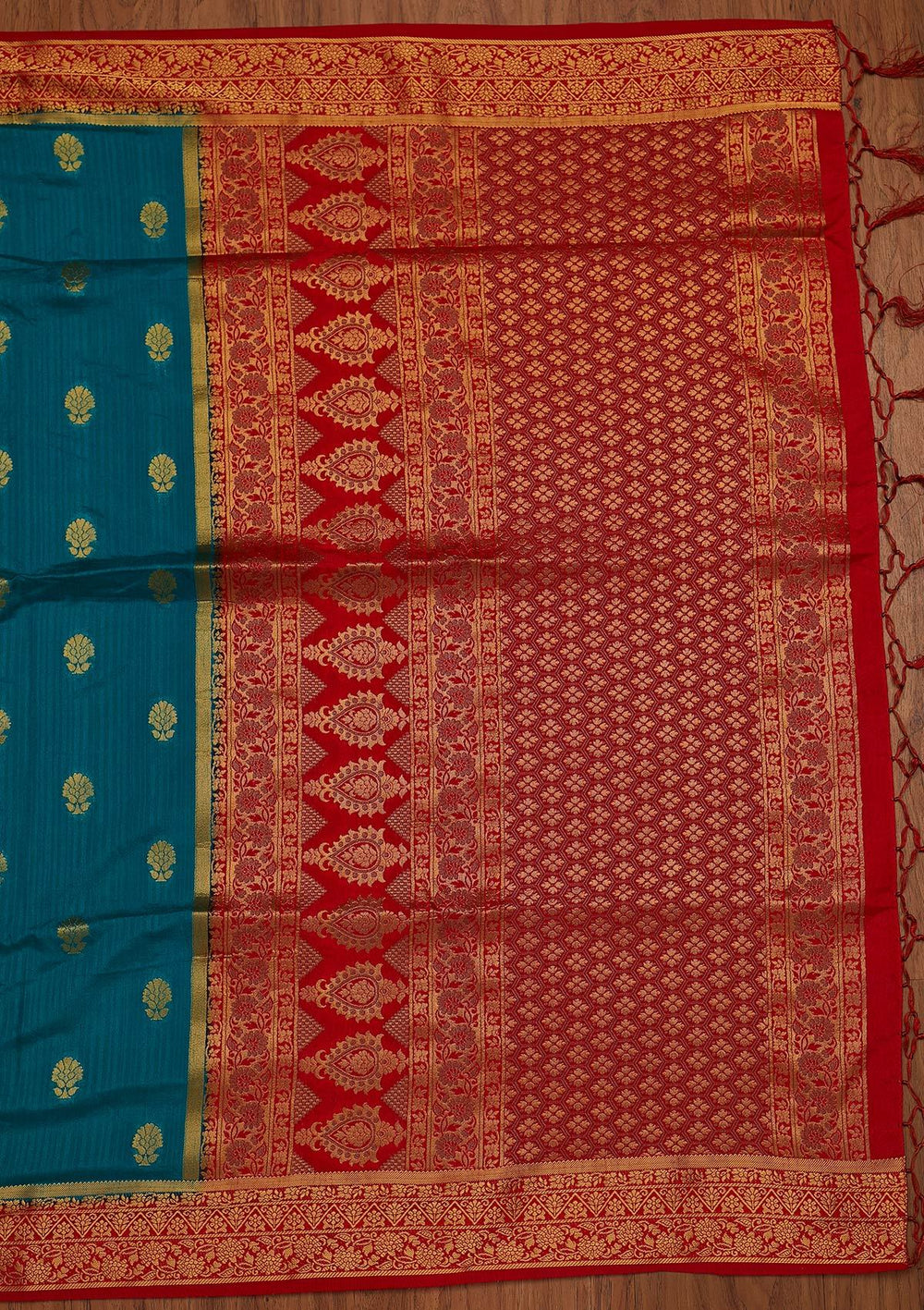 Turquoise Blue Zariwork Raw Silk Designer Saree - koskii