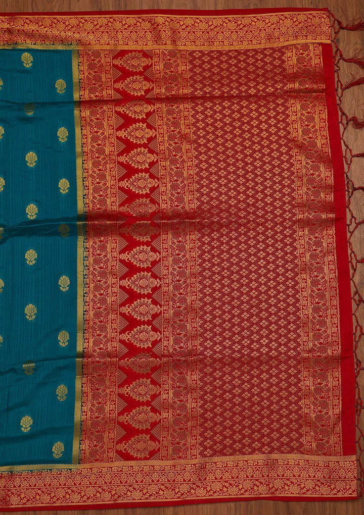 Turquoise Blue Zariwork Raw Silk Designer Saree - koskii