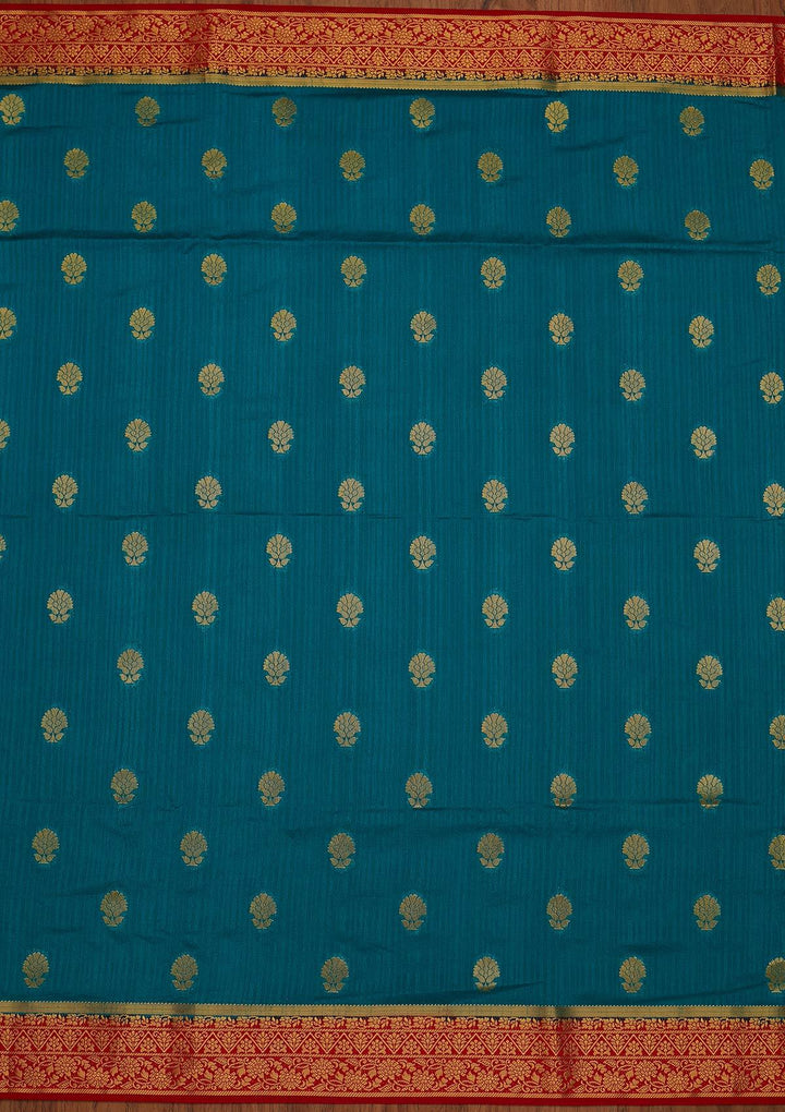 Turquoise Blue Zariwork Raw Silk Designer Saree - koskii