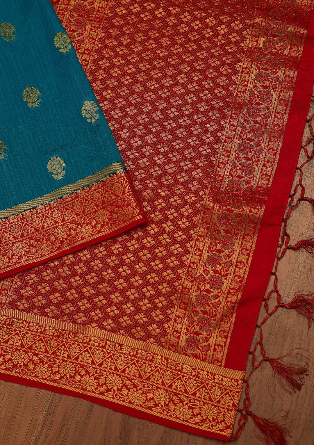 Turquoise Blue Zariwork Raw Silk Designer Saree - koskii